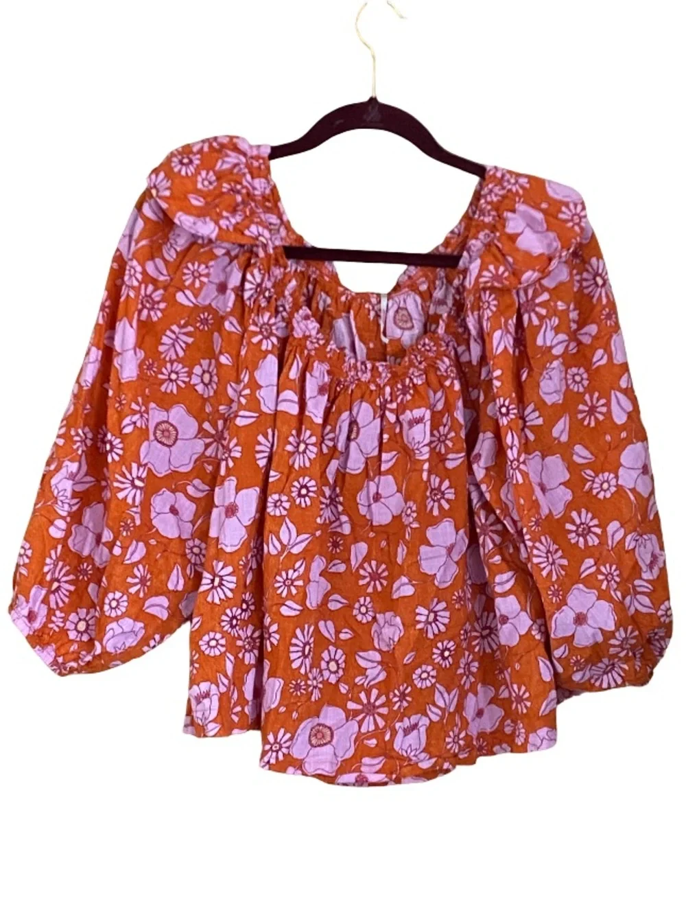 Free People Miss Daisy floral burnt orange puff sleeve smock blouse size medium